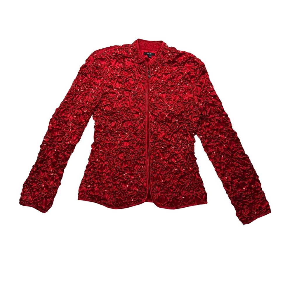 MSK Red Sequin Ruched Satin Zip Front Jacket Size L NWT Evening Holiday